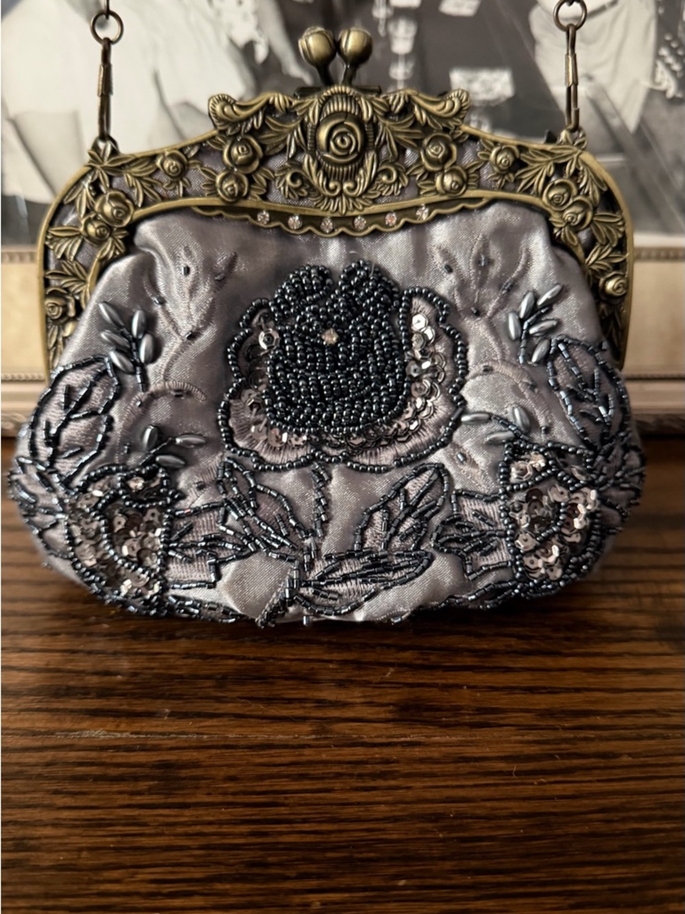 Embellished Silver Evening Clutch with Floral Beading